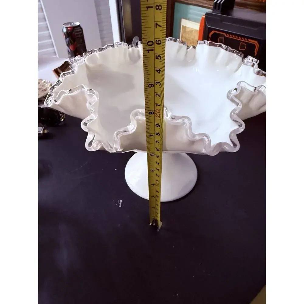 Fenton Silver Crest Milk Glass Pedestal Compote Bowl Ruffled Edge Vintage
